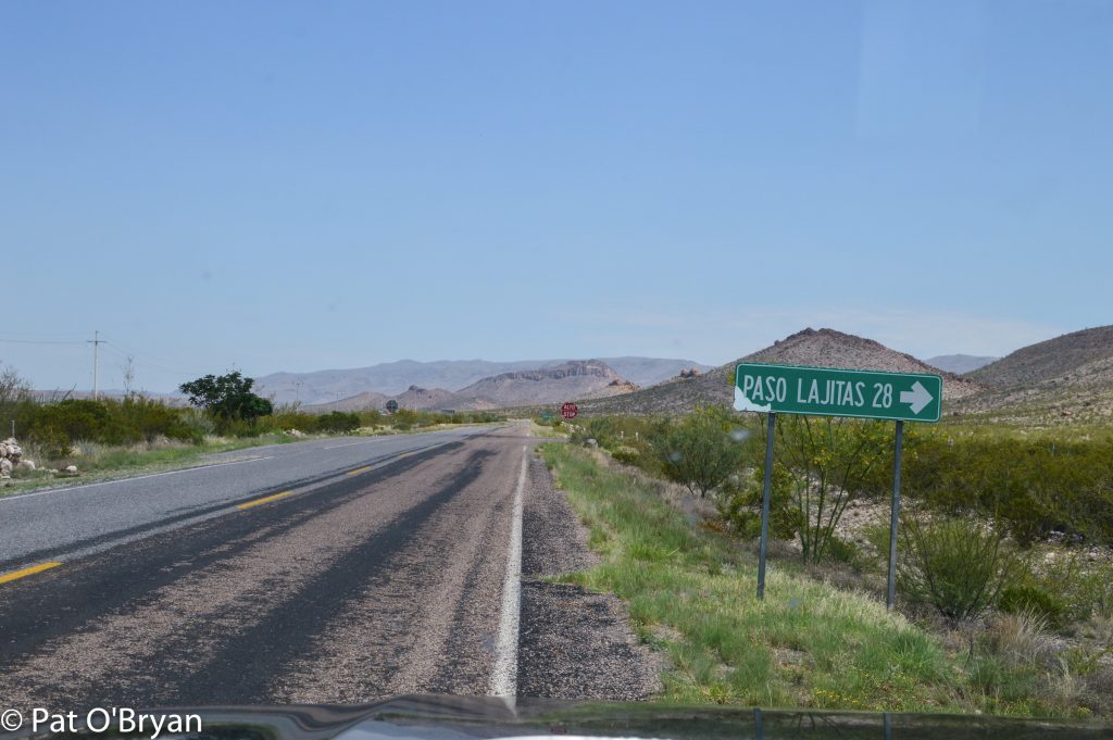 Just outside San Carlos is the road to Paso Lajitas. 28 miles.